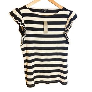 J. Crew Black and Cream Ruffled Cap Sleeve Blouse